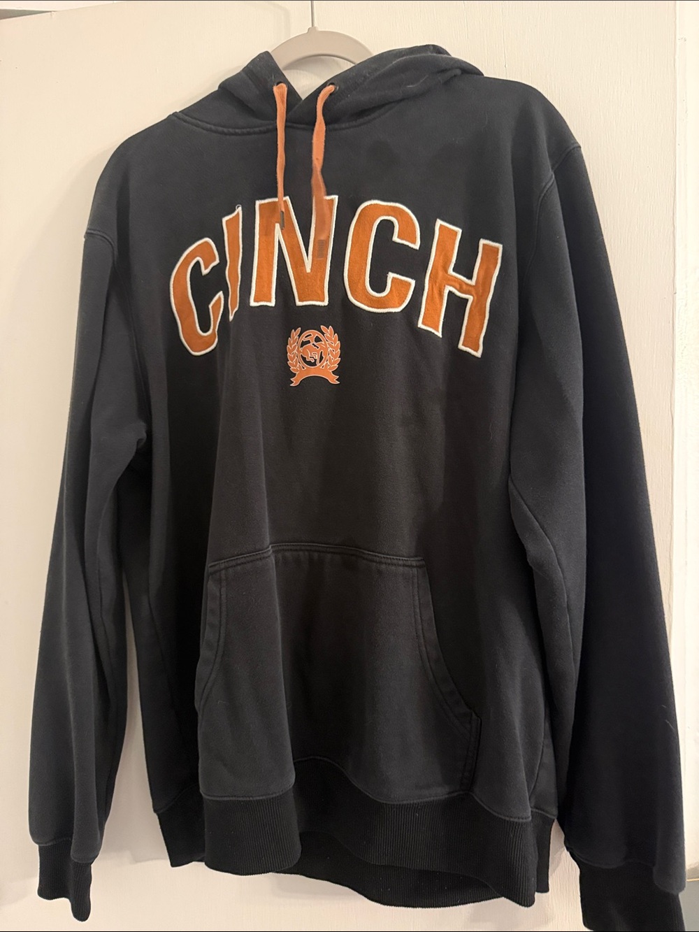 Cinch Black Crewneck Hoodie with Orange Logo and Drawcords